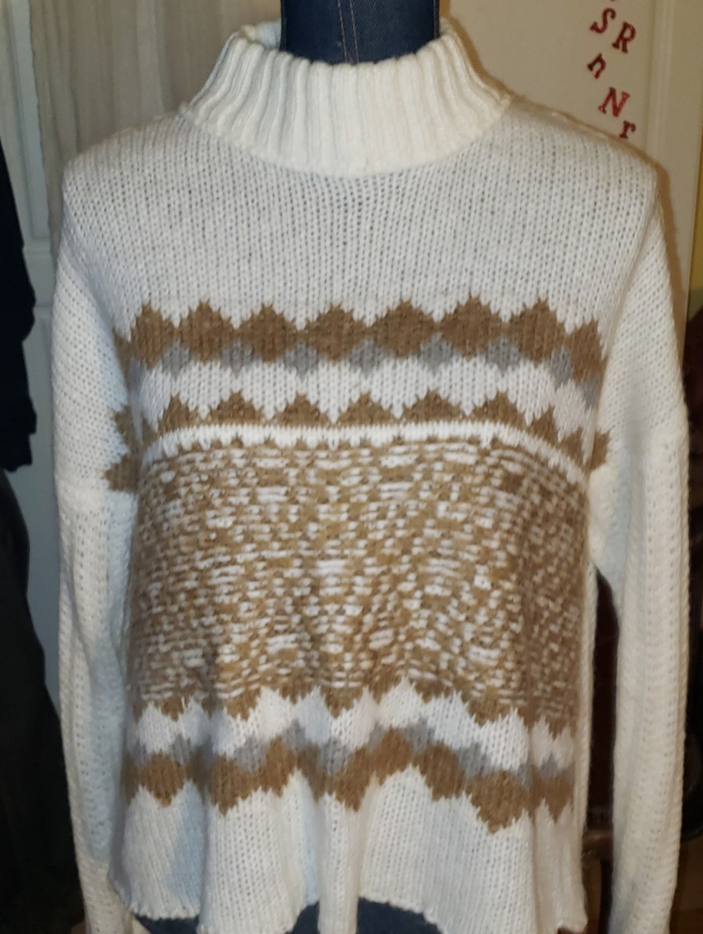 Knox Rose Cream and Brown Fair Isle Turtleneck Sweater